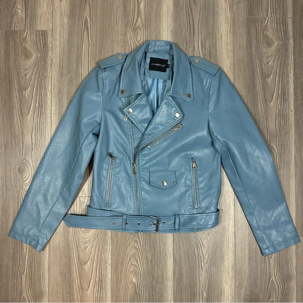 Ly Varey Lin Light Blue Faux Leather Moto Jacket with Belt Women’s Small
